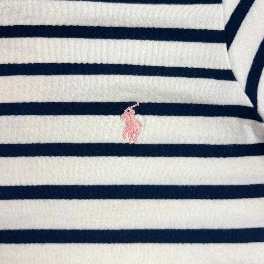Ralph Lauren T-Shirt Girls 6 White Navy Striped Short Sleeve Lettuce Trim Pony